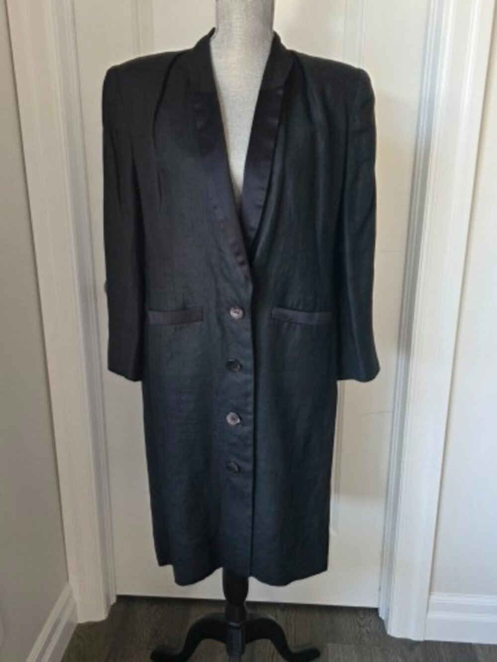 Vtg Laura Biagiotti Linen Duster coat satin lapels tailored size L/XL